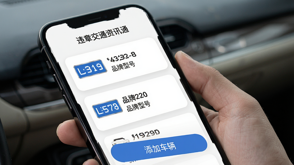 手机界面展示车辆管理页面,顶部有“违章交通资讯通”文字,下方有车辆卡片列表,每张卡片显示车牌号和品牌型号,底部有“添加车辆”按钮,风格为简约商务,浅色背景,圆角卡片,画质清晰,无多余装饰