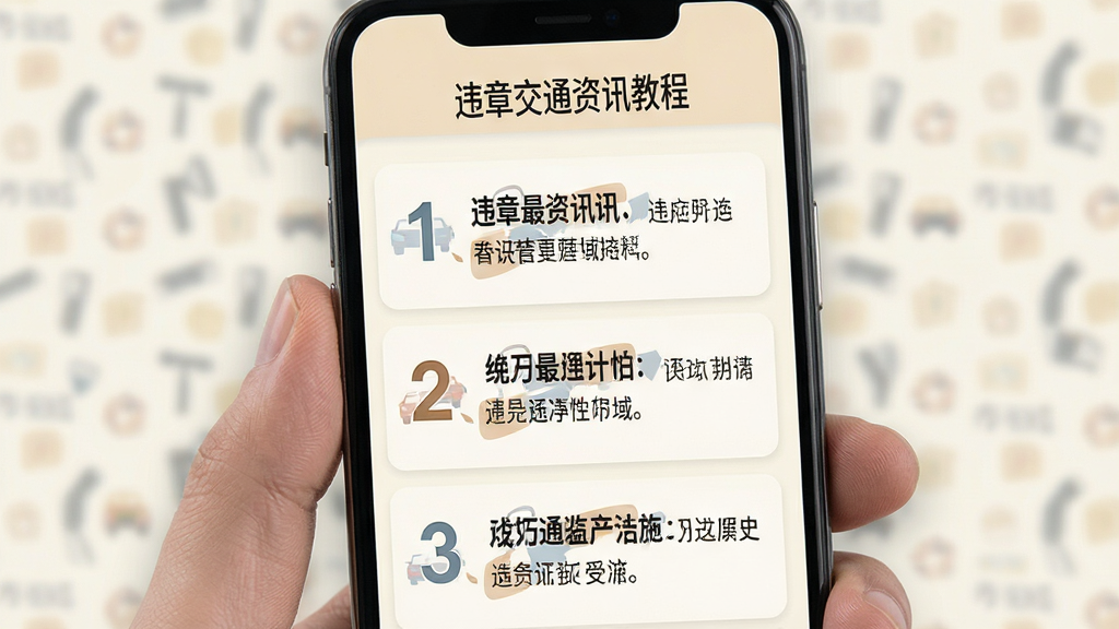 手机屏幕展示违章交通资讯通的使用教程界面,画面中有步骤编号和文字说明,顶部有软件名称,背景为浅色,风格为图文教程排版,细节清晰,画质干净,无多余元素