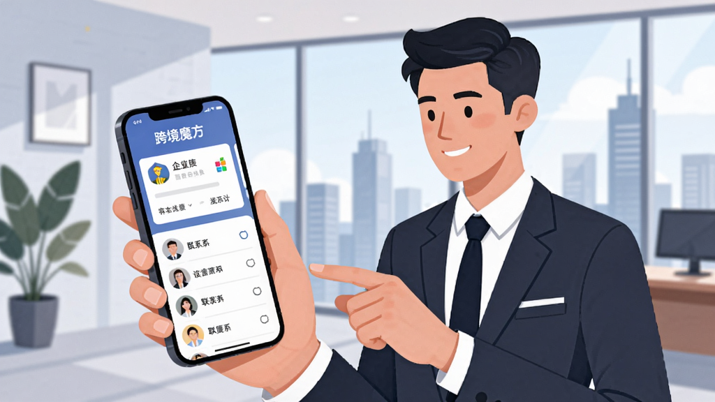 һ��չʾ������ʿʹ�ÿ羳ħ��APP���пͻ������Ĳ廭��������һλ����ְҵװ����ʿ�����ֻ����ֻ���Ļ��ʾ��ҵ��Ϣ��Ƭ����ϵ���б����������ִ����İ칫�ң������г�������ߣ�������������ɫ����ͣ��ֻ���Ļ�Ͽɼ����羳ħ������������ͼƽ�⣬�����������޶���װ��