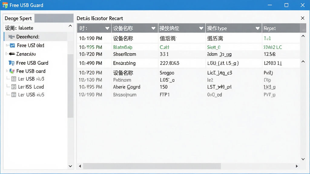 Free USB Guard ��־��ƽ��棬���Ϊ�豸�б����Ҳ�Ϊ��ϸ������¼���񣬱����а���ʱ�䡢�豸���ơ��������͵��У������������࣬��������