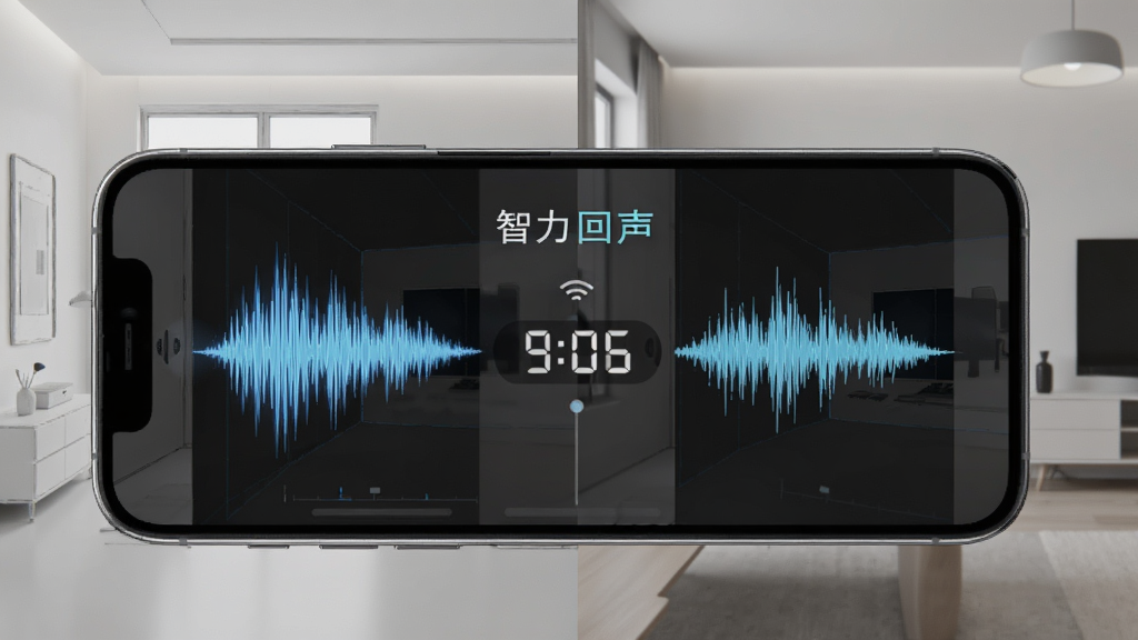 一部手机放置在不同房间环境中,屏幕显示智力回声的声波发射与回声捕捉界面,画面左侧是发射波形,右侧是反射波形,中间有延迟时间数字,背景是简洁的房间轮廓线条,风格写实科技,细节清晰,画质干净,无多余元素,图片中文字“智力回声”
