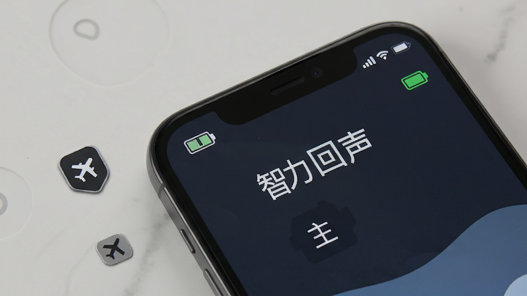 智力回声离线使用场景,手机屏幕显示主界面,周围有飞机模式图标和电池图标,背景是简约灰色,风格干净利落,细节清晰,无多余元素,图片中文字“智力回声”