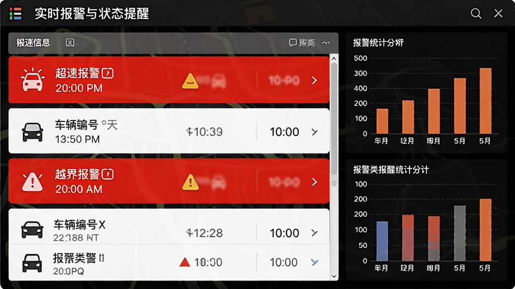 ʵʱ������״̬���ѽ��棬����չʾһ��������Ϣ�б����б��а������ٱ�����Խ�籨������Ŀ��ÿ���������г�����š�ʱ�䡢�������ͣ������Ҳ��б���ͳ��ͼ�������������Ŀ��ϸ�ڰ�������ͼ�ꡢ�����б���ͳ��ͼ�������������ɾ����޶���Ԫ��