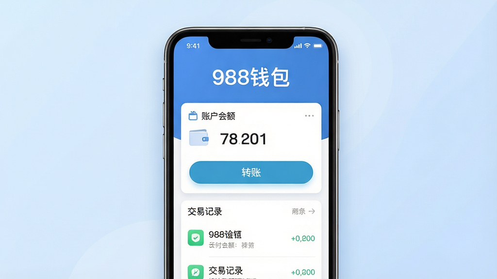主体为一个智能手机屏幕,屏幕上显示着简洁的金融支付应用界面,应用名称“988钱包”以醒目的字体展示在界面顶部。布局采用居中构图,手机放置于画面中央,背景为柔和的浅蓝色渐变。排版上,屏幕内展示账户余额、转账按钮和交易记录列表。风格为现代科技感,细节包括清晰的图标、流畅的界面线条和微妙的阴影效果。画质高清,画面干净,无多余元素。