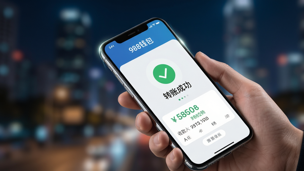 主体为一只手拿着手机,手机屏幕上显示“988钱包”的转账成功界面,界面中央有一个绿色的对勾图标和“转账成功”字样。布局采用对角线构图,手机位于画面右下角,背景为模糊的城市夜景。排版上,转账金额和收款人信息清晰可见。风格为现代商务,细节包括手机边缘的光泽和界面上的微光效果。画质高清,画面干净,无多余元素。