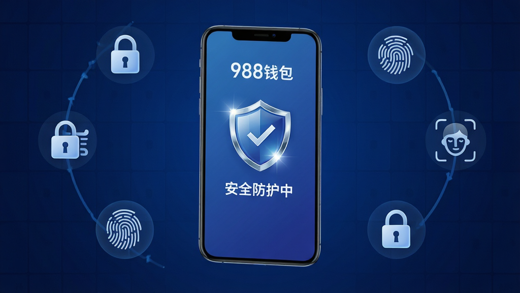 主体为一部智能手机,屏幕上显示“988钱包”的安全中心界面,界面中央有一个盾牌图标和“安全防护中”字样。布局采用居中构图,手机悬浮在深蓝色背景中,周围环绕着锁、指纹和面部识别图标。排版上,图标排列整齐,形成保护圈。风格为科技安全,细节包括盾牌的光泽和背景的网格纹理。画质高清,画面干净,无多余元素。