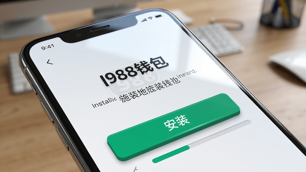 主体为一部智能手机,屏幕上显示“988钱包”的安装界面,界面中有“安装”按钮和进度条。布局采用特写镜头,手机屏幕占据画面大部分,背景为模糊的桌面。排版上,安装提示文字清晰可见。风格为科技教程,细节包括屏幕的反光和按钮的立体感。画质高清,画面干净,无多余元素。