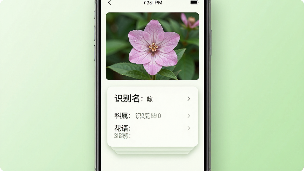 独具慧眼识物功能展示图,主体为手机屏幕显示一朵花的识别结果页面,屏幕上有花名、科属、花语等文字信息,布局为上下结构,上方是花朵照片下方是文字卡片,排版整齐有序,风格为清新自然的UI设计风,细节上卡片有柔和阴影,背景为浅绿色渐变,画质高清,画面干净,无多余元素