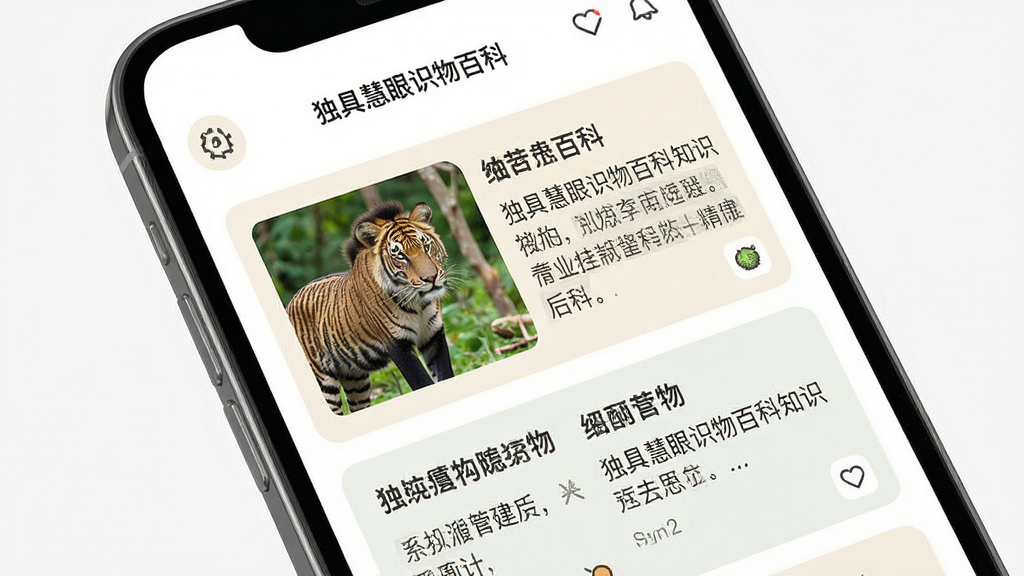 独具慧眼识物百科知识页面预览图,主体为手机屏幕展示动物百科卡片,屏幕上有动物图片和分段文字介绍,布局为图文混排,排版层次分明,风格为知识科普类应用界面,细节上文字区域有浅色底纹分隔,图标精致小巧,画质高清,画面干净,无多余元素