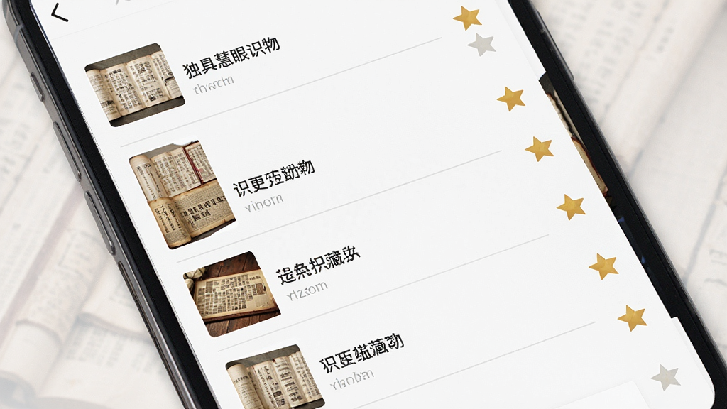独具慧眼识物历史记录与收藏夹界面图,主体为手机屏幕显示列表式识别记录,每条记录有缩略图和名称,布局为垂直列表,排版规整,风格为简约工具类应用,细节上列表项之间有细分割线,收藏图标为金色星形,画质高清,画面干净,无多余元素