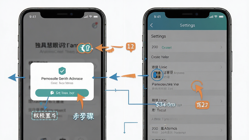 独具慧眼识物安装与权限设置操作步骤示意图,主体为手机屏幕显示权限授权弹窗和设置界面,布局为左右分屏对比,排版清晰,风格为教程类说明图,细节上箭头指示操作步骤,文字标注简洁,画质高清,画面干净,无多余元素