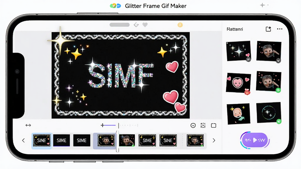 һ��չʾ Glitter Frame Gif Maker ���������ͼƬ���������ֻ���Ļ�����ڱ༭����ͼGIF��ͼ������Ϊ�����ͼԤ�����·�ʱ��������ͼ���Ҳ��ز���壬�Ű����������Ϊ���������ĿƼ���UI��ϸ�ڰ�������߿��������ӡ�������ֽ����̬Ԥ����ť�����ʸ��壬�ɾ����޶���Ԫ��