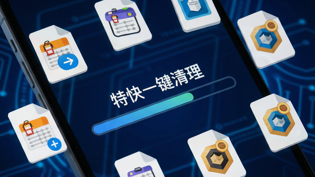 手机屏幕特写,画面中央显示“特快一键清理”扫描进度条,周围漂浮着各类垃圾文件图标如缓存、日志、安装包,背景为深蓝色科技光效,扁平化插画风格,排版紧凑,细节清晰,画质高清,干净无多余元素