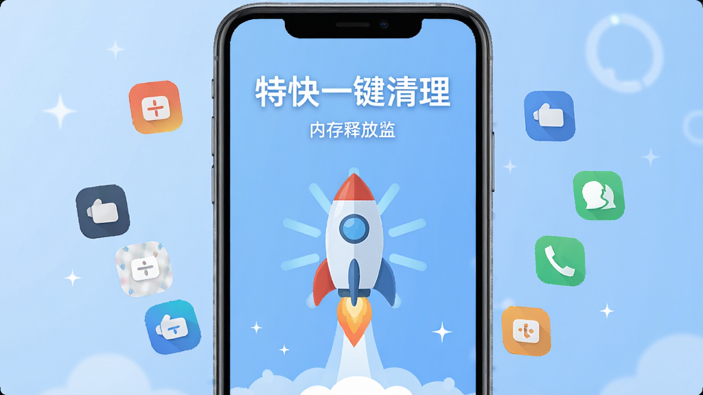 手机内存加速界面,画面中央显示“特快一键清理”内存释放动画,一个火箭图标从手机底部向上冲刺,周围环绕着被关闭的后台应用图标,背景为浅蓝色渐变,扁平化风格,排版居中,细节精致,画质高清,干净无多余元素