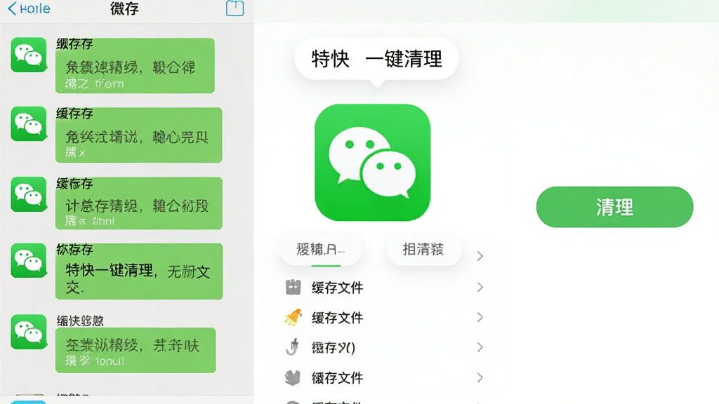 微信专清功能界面,画面中央显示“特快一键清理”微信图标与缓存文件列表,左侧为微信聊天缓存分类,右侧为清理按钮,背景为白色与绿色搭配,扁平化设计风格,排版清晰,细节丰富,画质高清,干净无多余元素