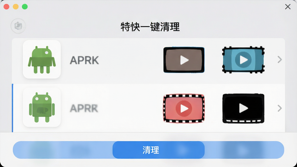 安装包与大文件管理界面,画面中央显示“特快一键清理”文件列表,左侧为APK图标,右侧为视频文件图标,底部有清理按钮,背景为浅灰色,扁平化风格,排版整齐,细节清晰,画质高清,干净无多余元素