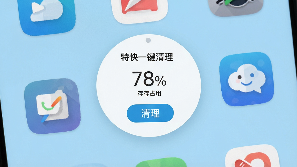 手机桌面小组件展示,画面中央显示“特快一键清理”圆形小组件,显示内存占用百分比和清理按钮,周围为手机桌面图标,背景为浅蓝色壁纸,扁平化风格,排版简洁,细节清晰,画质高清,干净无多余元素