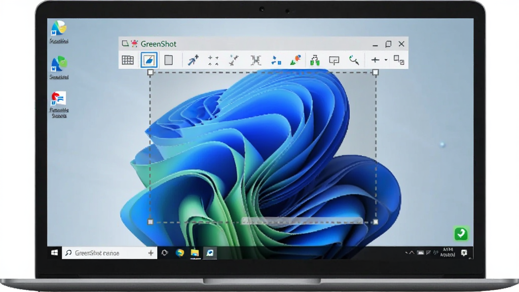 ����Ϊһ̨��ʾWindows����ıʼǱ����ԣ���Ļ�ϳ���GreenShot������ͼ��������ѡ�����߿��������½�����������ɫСͼ�꣬����Ϊ����չʾ�����������棬�Ű������������Ϊдʵ�Ƽ��磬ϸ�ڰ�����Ļ�ϵĽ�ͼѡ������������ť��������ͼ�꣬���ʸ���ɾ��޶���Ԫ��