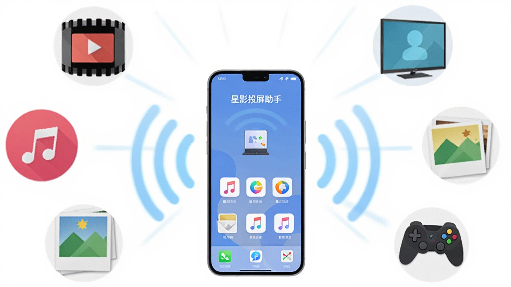 一张展示智能手机与智能电视之间无线投屏连接的场景图,画面中央是星影投屏助手的应用界面截图,周围环绕着电影、音乐、照片和游戏手柄的图标元素,布局采用居中放射状构图,风格为现代扁平化科技风,细节上手机屏幕与电视屏幕之间有淡蓝色的无线信号波纹连接,画质清晰明亮,干净无多余元素