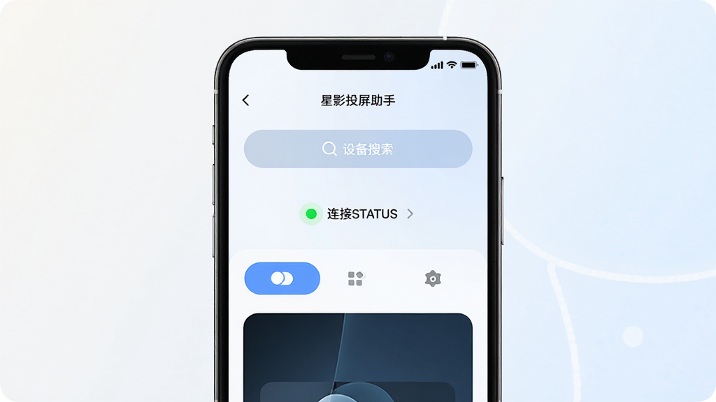 一张展示星影投屏助手简洁操作界面的手机截图风格图,画面主体是应用主界面,布局为居中展示手机屏幕内容,风格为现代UI设计展示风,细节上界面包含设备搜索按钮、连接状态指示灯和三个功能切换标签,背景为浅色渐变,画质干净清晰,无多余元素