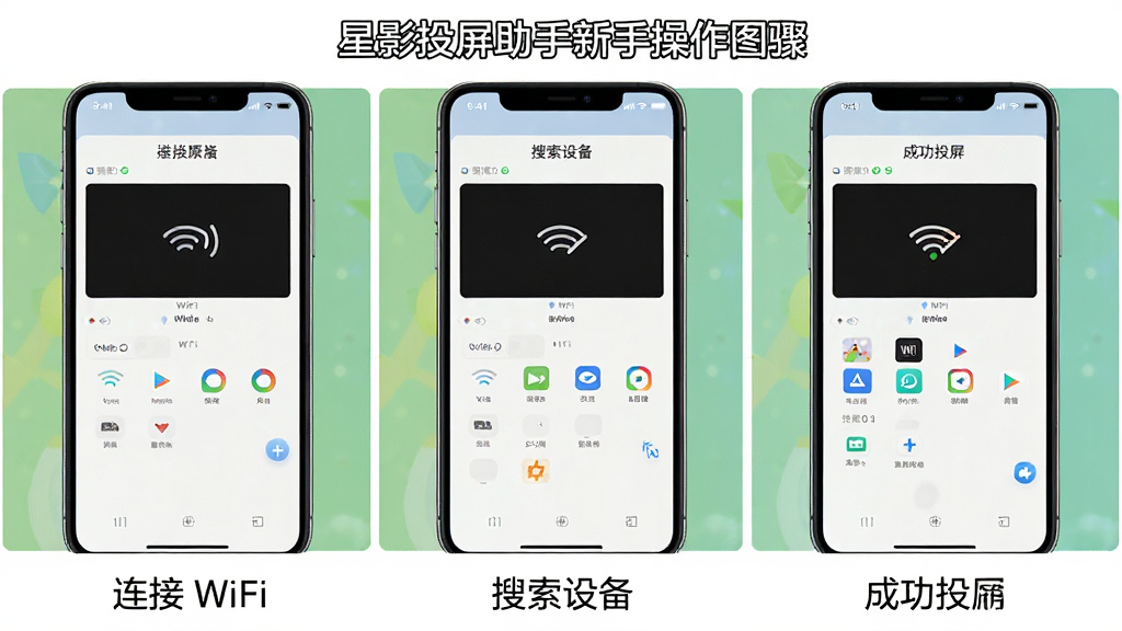 一张展示星影投屏助手新手操作步骤的图解,画面主体分为三个并排的手机界面截图,分别展示连接WiFi、搜索设备和成功投屏三个步骤,布局为横向三格排列,风格为教程图解风,细节上每个步骤下方有简短的文字标注,画质清晰,干净无多余元素