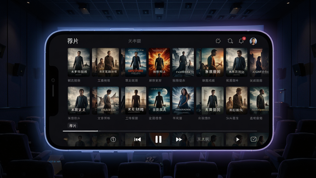 一张展示荐片软件主界面的图片,画面中央是荐片APP的播放界面,背景为深色影院风格,界面中显示推荐影片的海报墙,多张电影海报整齐排列在屏幕上,手机机身周围有柔和的蓝紫色光晕,画面风格为现代科技感UI展示图,细节包含影片封面、播放按钮、分类标签等元素,画质高清,画面干净,无多余杂乱元素