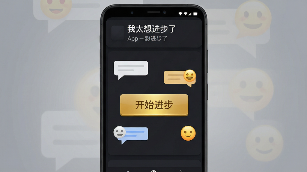 一张展示安卓手机屏幕的图片,手机居中放置,屏幕内显示一款名为“我太想进步了”的App界面,界面采用深色主题,中央有一个醒目的金色按钮,按钮上写着“开始进步”,周围环绕着对话框和表情图标,背景是简洁的渐变灰色,风格现代扁平化,细节清晰,画质干净,无多余元素
