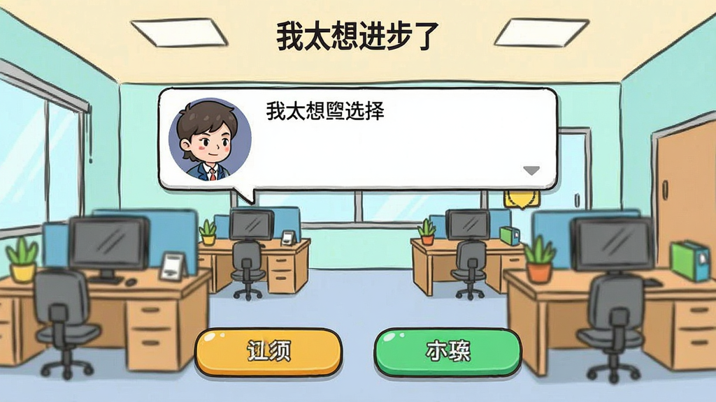 一张手机应用截图风格的图片,画面中展示“我太想进步了”软件内的剧情选择界面,屏幕上方有角色对话框,下方有两个选项按钮,背景是办公室场景的简笔画风格,整体色调明亮,风格卡通,画质清晰,无多余元素