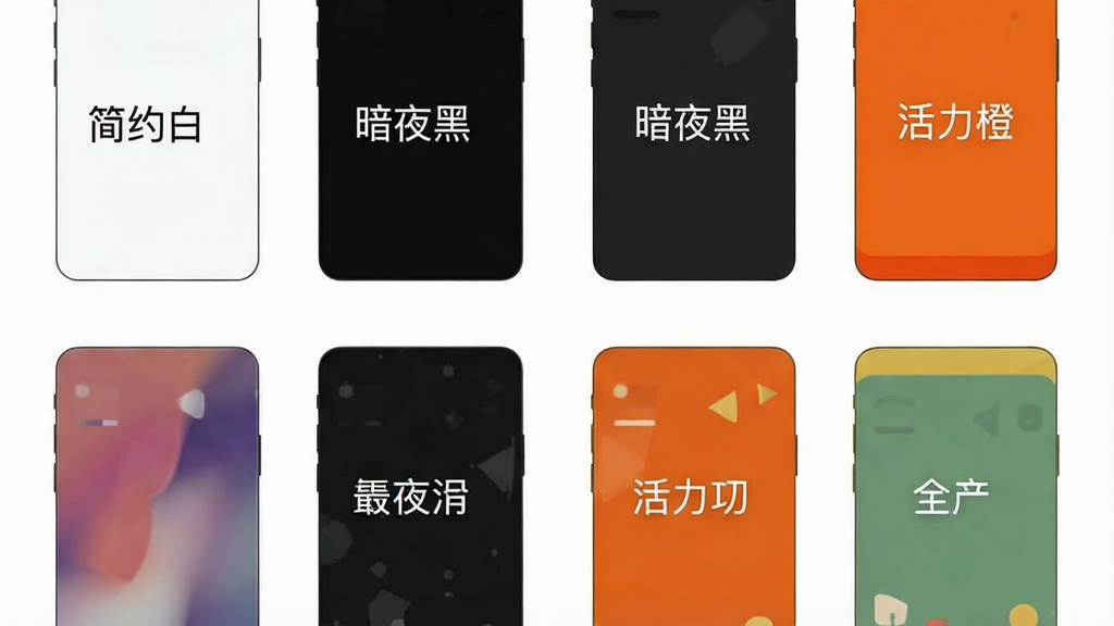一张展示手机主题设置界面的图片,界面中排列着多个不同颜色的主题预览方块,每个方块上标注着主题名称,如“简约白”“暗夜黑”“活力橙”,背景为纯白色,风格清新,画质干净,无多余元素