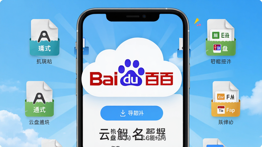 一张展示解压缩zip文件管理器多格式兼容与云盘导入功能的图片,手机屏幕中显示多个不同格式的压缩包图标环绕在云朵形状的百度网盘图标周围,界面中有导入按钮和格式标识,背景为明亮的天空蓝色调,风格轻松活泼,细节清晰,画质优良,无多余元素,软件名称以文字形式出现在画面下方。