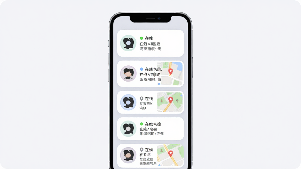 手机定位寻迹追踪多设备管理界面,画面中央为手机屏幕显示多个设备头像与位置卡片,布局为网格排列,排版规整,风格为柔和圆角卡片式设计,细节包括设备图标、在线状态圆点、位置摘要文字、地图缩略图,画质高清干净无多余元素
