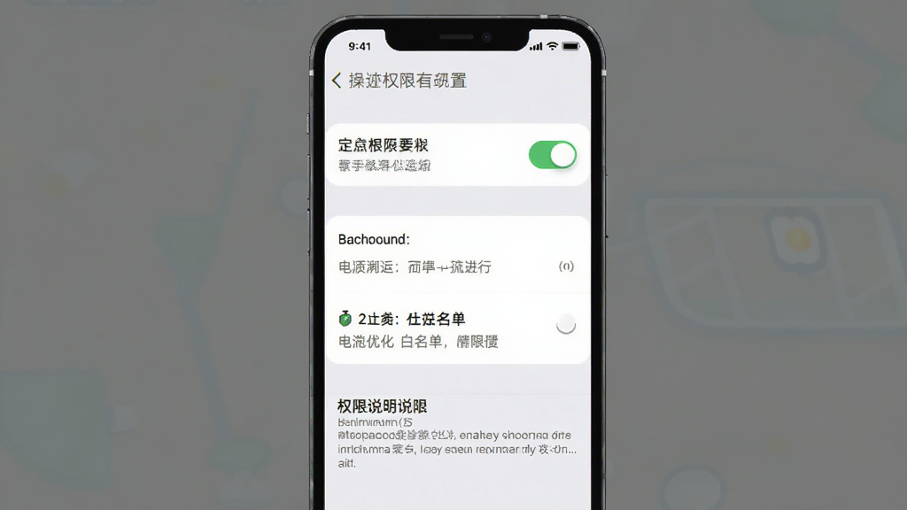 手机定位寻迹追踪权限设置操作示意图,画面为手机屏幕显示设置页面,布局为纵向列表,排版清晰,风格为极简扁平化设计,细节包括定位权限开关、后台运行选项、电池优化白名单、权限说明文字,画质干净无多余元素