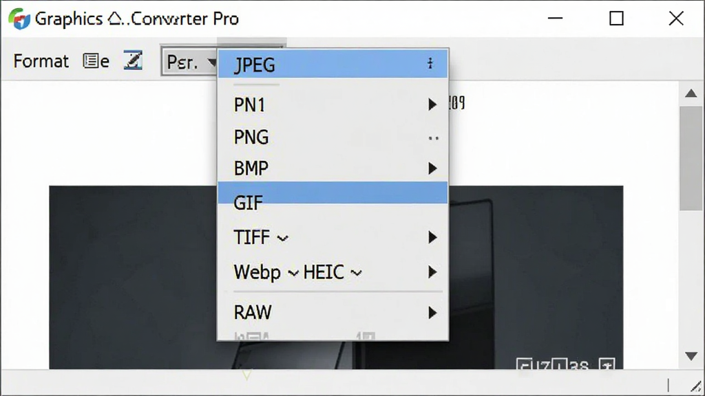 һ��չʾ Graphics Converter Pro ��ʽ���ݹ��ܵ�ͼƬ������Ϊ���������и�ʽѡ�������˵�չ����״̬������Ϊ���е��������ڣ��Ű��в˵��б������г�JPEG��PNG��BMP��GIF��TIFF��WebP��HEIC��RAW�ȸ�ʽ���ƣ����Ϊдʵ������ͼ���ϸ�ڰ���������ɫ��ˬ�������������˵��и���ѡ��Ч�������ʸ��壬�ɾ����޶���Ԫ��