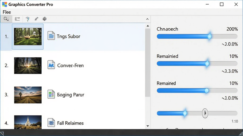һ��չʾ Graphics Converter Pro �����������ܵ�ͼƬ������Ϊ�����������ļ������б��������������Ϊ�������ھ��У��Ű��������ʾ���ͼƬ����ͼ���ļ������Ҳ���ʾת�����ȰٷֱȺ�ʣ��ʱ�䣬���Ϊ�ִ���������дʵ���ϸ�ڰ���������Ϊ��ɫ��Ч���ļ��б�����ű�ǡ�����������࣬���ʸ��壬�ɾ����޶���Ԫ��