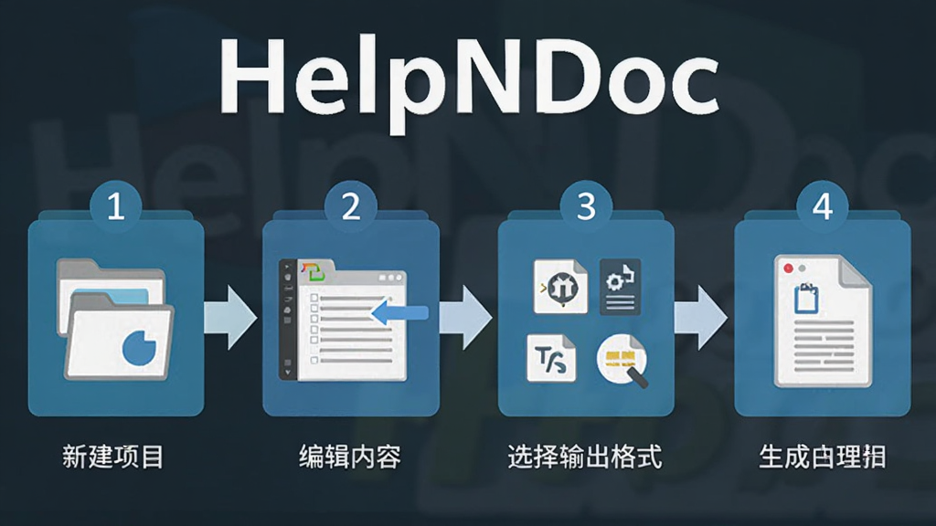 HelpNDoc ������������ʾ��ͼ������չʾ���½���Ŀ���༭���ݡ�ѡ�������ʽ�������ĵ����ĸ����裬�������� HelpNDoc λ��ͼ�Ϸ�������Ϊ��������ͼ�����Ϊ��ƽ����Ϣͼ��ϸ�ڰ��������š���ͷָʾ����ʽͼ�꣬���ʸ��壬�ɾ����޶���Ԫ��