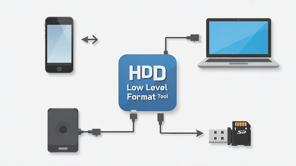 �������ơ�HDD Low Level Format Tool���豸����ʾ��ͼ��������һ�������ֻ���һ̨�ʼǱ����ԡ�һ���ƶ�Ӳ�̡�һ��SD����һֻU��Χ�����������ͼ��ʻ������У�ͼ���·��м����豸�������������ֲ������ĶԳƹ�ͼ������Ϊǳ��ɫ�����񣻷��Ϊ��ƽ���廭��ϸ�ڰ����豸�����������߼�ͷ�������Ӱ����������������ɾ����޶���Ԫ�ء�