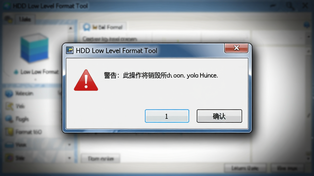 �������ơ�HDD Low Level Format Tool������ȷ�ϵ�������ͼ������������һ�����к�ɫ��ʾ����ͼ��ĶԻ��򣬶Ի�������ʾ�����棺�˲����������������ݡ���Ӣ����ʾ��ȷ�ϰ�ť������Ϊģ�������������棻�Ű��϶Ի������ͻ������Χ�а���Ч�������Ϊдʵ������ͼ���ϸ�ڰ�����ť�߹⡢������������ʾͼ����Ŀ����������������ɾ����޶���Ԫ�ء�