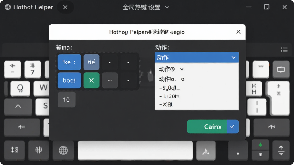 Hotkey Helper ȫ���ȼ����ý��棬����Ϊ��ݼ�¼�Ƶ�������������ʾ�������������붯��ѡ�������˵����Ű���պ���������ִ���ƽ����ϸ�ڰ������̰���������ȷ�ϰ�ť�������������ɾ����޶���Ԫ��
