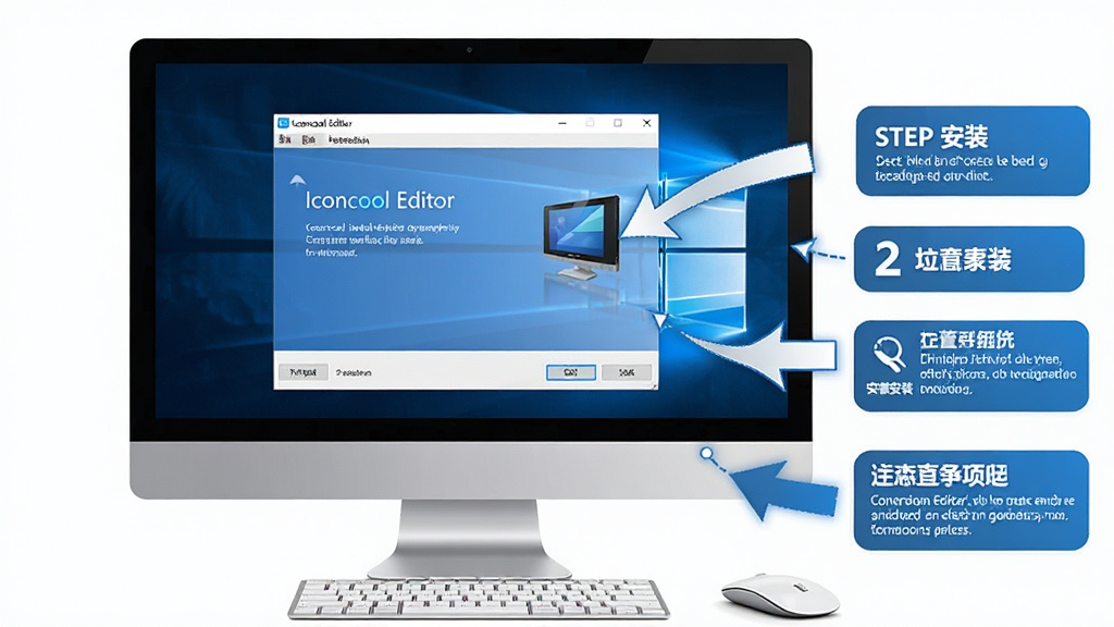 Iconcool Editor ��װ�����в���ʾ��ͼ������չʾһ̨Windows������Ļ����Ļ����ʾ������װ�򵼽��棬�Ա��м�ͷ��ע��װ������ע�������������ֱ�ۣ�ɫ��������Ϊ���������������޶���Ԫ��