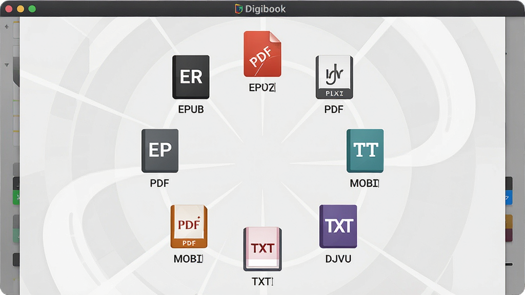 һ��չʾDigibook�Ķ������ʽ���ݹ��ܵ�ʾ��ͼ��������������������������EPUB��PDF��MOBI��TXT��DJVU�ȶ��ָ�ʽ�ĵ�����ͼ�꣬���ֳʻ��η���״���Ű����룬���Ϊ��ƽ����ƣ�ϸ�ڰ���ÿ����ʽͼ���·���ע��ʽ���ƣ�����Ϊǳ��ɫ����������������ɾ����޶���Ԫ��