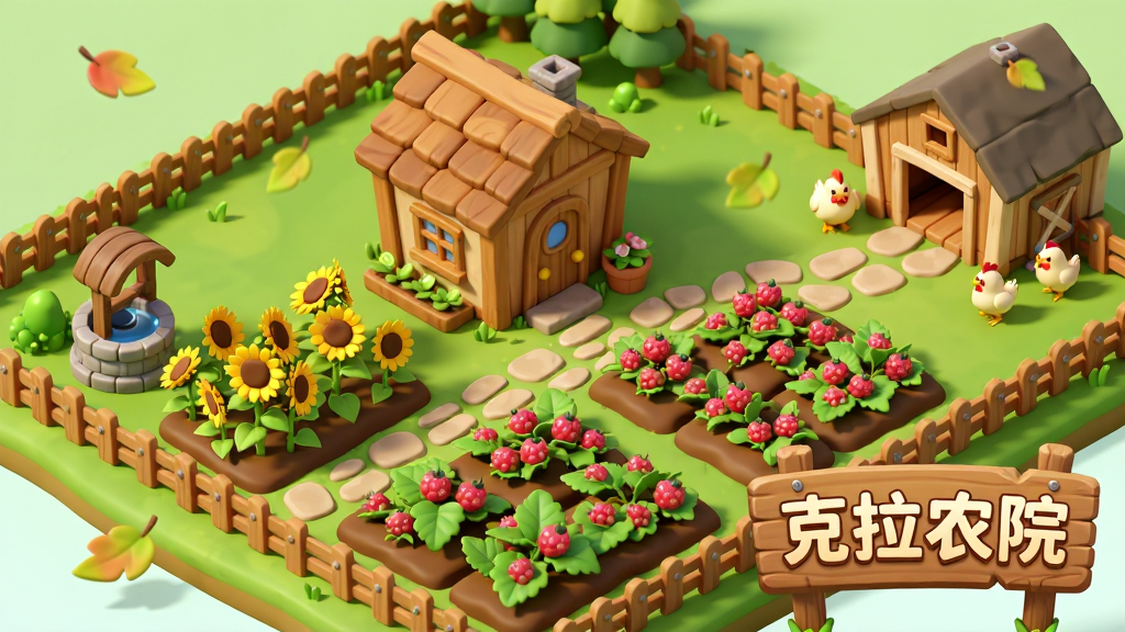 主体是一片生机盎然的虚拟农院场景,画面中央有一栋木质小屋和整齐的农田,农田中种着向日葵和蔓越莓,角落里有一个小型仓库和几只卡通风格的小鸡,布局采用俯视45度视角,排版上软件名称“克拉农院”以木质标牌的形式立在画面右下角,风格为清新治愈的3D卡通渲染,细节包括栅栏、水井、石板路和飘落的树叶,画质高清干净,无多余元素