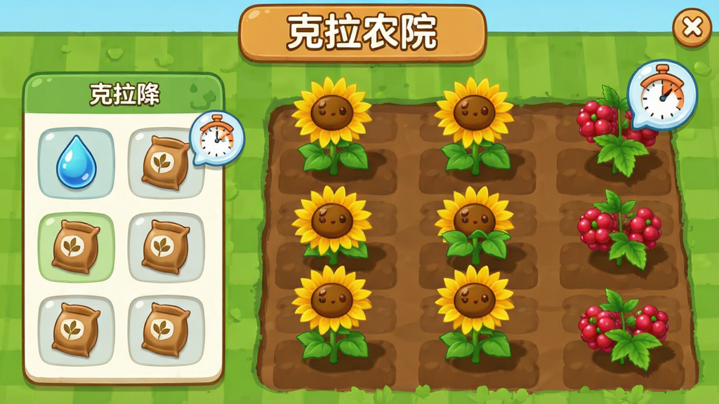 主体是克拉农院软件内的种植界面,画面以网格状农田为背景,布局上左侧是种子选择栏,右侧是农田区域,农田中显示不同生长阶段的向日葵和蔓越莓,排版上顶部有“克拉农院”的标题栏,风格为明亮卡通UI风格,细节包括水滴图标、肥料袋和倒计时气泡,画质清晰干净,无多余元素