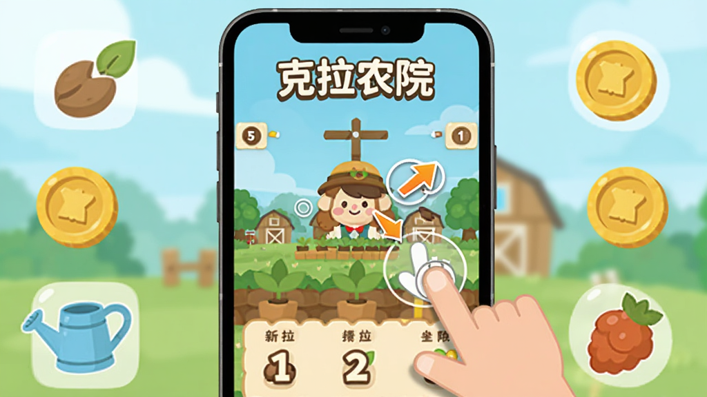 主体是克拉农院新手操作指引界面,画面展示手机屏幕中游戏主界面和悬浮的新手箭头提示,布局上手机居中,周围环绕种子、金币、水壶等图标,排版上顶部有“克拉农院”字样,风格为扁平化教程插画,细节包括手指点击动画和步骤数字,画质清晰干净,无多余元素