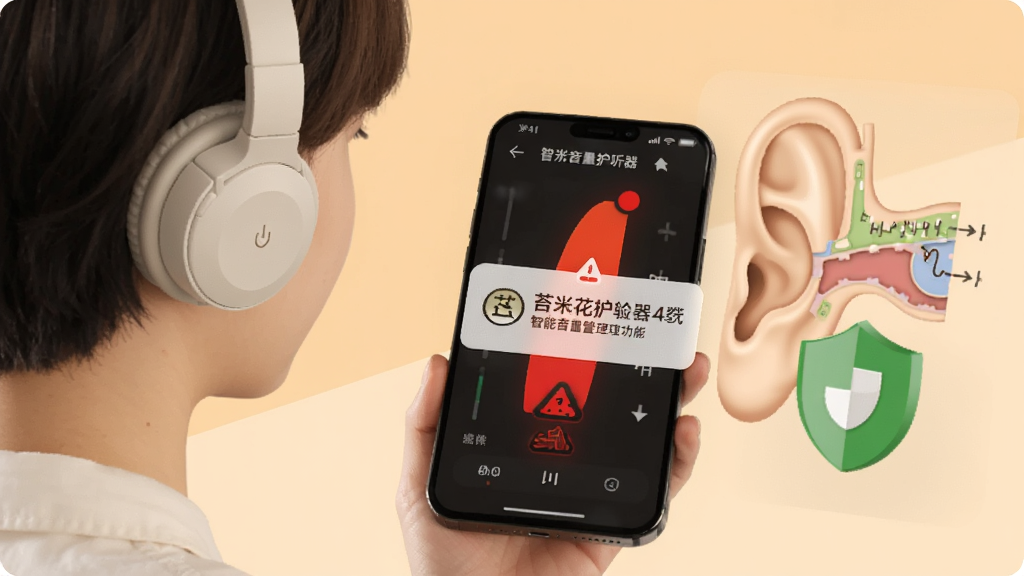 生成一张展示苔米花护听器智能音量管理功能的图片,画面中一个人戴着耳机看着手机屏幕,屏幕上显示音量条处于红色危险区域并弹出护耳提醒弹窗,旁边有耳朵结构示意图和绿色盾牌图标,背景为温暖的浅橙色,整体风格温馨且具有警示感,画质清晰干净,无多余元素