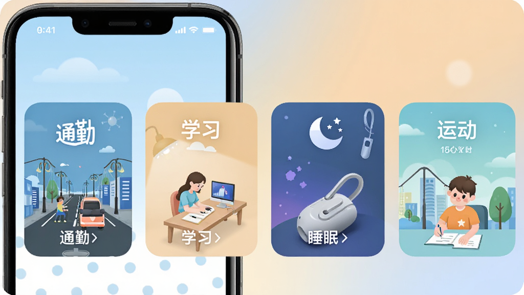 生成一张展示苔米花护听器多场景护听模式切换的图片,画面中手机界面显示通勤、学习、睡眠、运动四个模式图标卡片,每个卡片配有对应的场景小插画,背景为柔和的渐变色,整体风格清新活泼,画质清晰干净,无多余元素