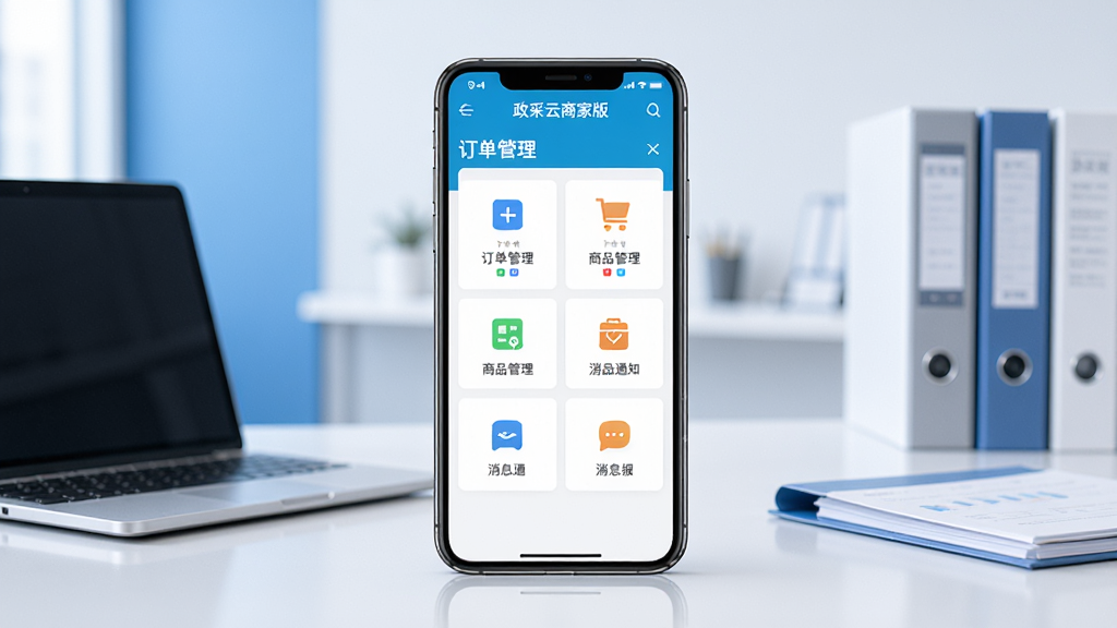 政采云商家版手机应用主界面展示,画面中央是一部智能手机,屏幕显示政采云商家版的工作台页面,包含订单管理、商品管理、消息通知等图标模块,背景是简洁的蓝白色调办公室环境,桌面摆放笔记本电脑和文件资料,整体风格商务简约,构图居中对称,画质清晰干净,无多余元素