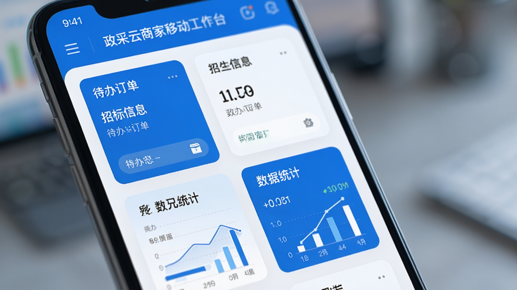 政采云商家版移动工作台界面特写,手机屏幕显示卡片式功能布局,包含待办订单、招标信息、数据统计等模块,画面以蓝白色为主色调,背景虚化处理,突出手机屏幕内容,商务科技风格,画质细腻干净