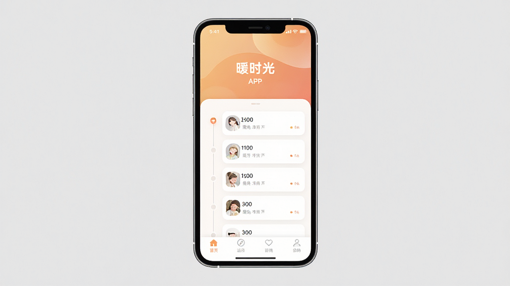一张干净简约的软件主界面展示图,画面中央是手机屏幕,屏幕内显示暖时光APP的首页布局,顶部有柔和的暖色调渐变背景,中间是卡片式的时间轴记录列表,底部有导航栏,整体风格温馨治愈,细节清晰,画质高清,无多余元素,背景为纯色浅灰