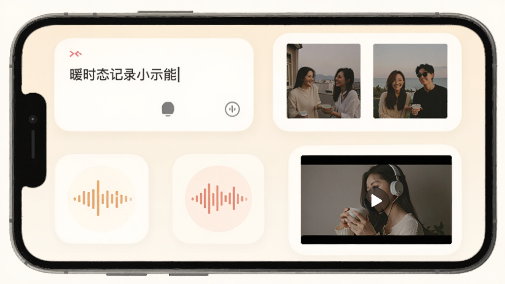 一张展示暖时光APP多模态记录功能的示意图,画面中手机屏幕内同时呈现文字输入框、图片缩略图、语音波形图标和短视频封面,各元素以卡片形式错落排布,色调温暖柔和,背景干净,画质清晰,无多余装饰