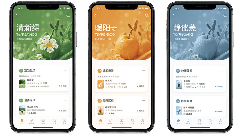 一张暖时光APP个性化主题界面的拼图展示,画面中并排展示三款不同风格的主题皮肤,分别是清新绿、暖阳橙和静谧蓝,每款主题下都有对应的记录卡片样式,布局整齐,风格统一,画质高清,背景为纯白色